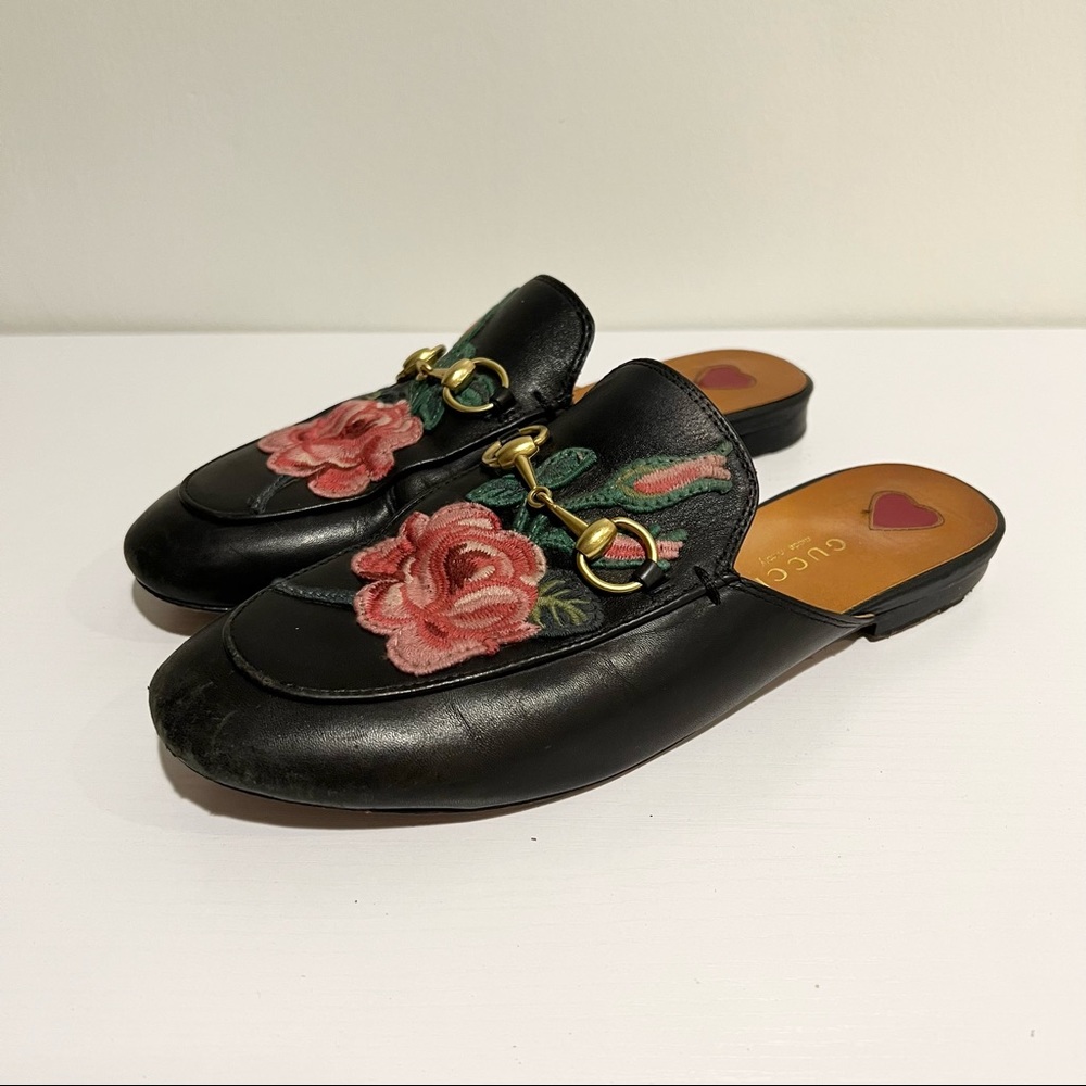 Gucci - Black Leather Gold Rose Embroidered Princetown Loafers Mules Size 36